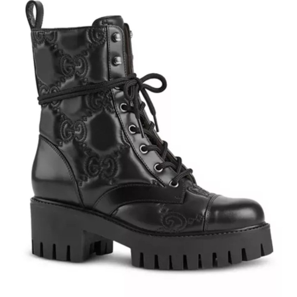 ❌ SOLD ❌ GUCCI BLACK QUILTED LACE UP LEATHER GG LOGO COMBAT BOOTS Size 39 - Picture 1 of 6